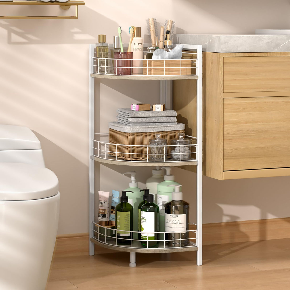 DAOUTIME Bathroom Standing Shelf, 3 Tier Free-Standing Shelf Units, Open Floor Shelves, Triangular Curved Corner Shelf Stand for Small Space, Ideal for Bathroom,Kitchen,Vanity Storage and Organizer DAOUTIME