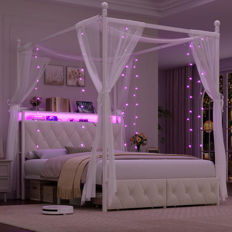 HIFIT Full Size Upholstered LED Canopy Bed Frame with Storage and Charging Station, Button Tufted Storage Headboard with Bookshelf, Two-Use Metal Platform Bed with 4 Removable Posts & 2 Drawers, Biege HIFIT