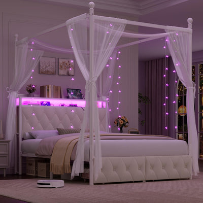 HIFIT Full Size Upholstered LED Canopy Bed Frame with Storage and Charging Station, Button Tufted Storage Headboard with Bookshelf, Two-Use Metal Platform Bed with 4 Removable Posts & 2 Drawers, Biege