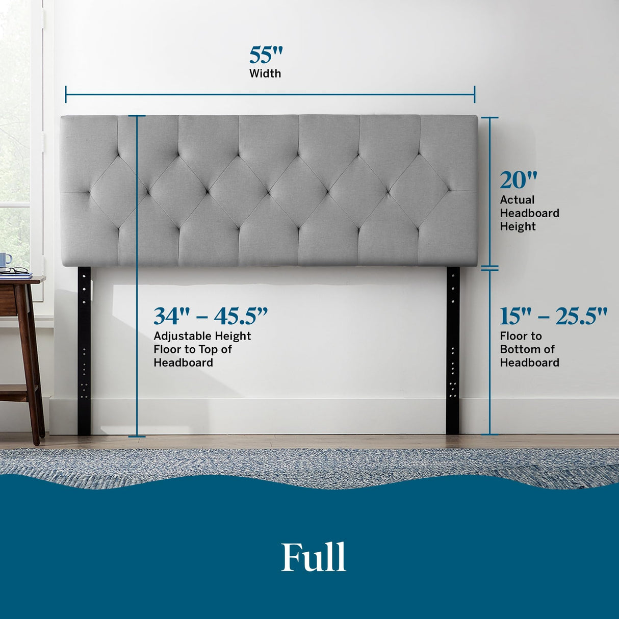 LUCID Mid-Rise Upholstered Headboard - Diamond Tufted - Padded Polyester - Adjustable Height from 34” to 46” - Easy Assembly - Bed Frame or Wall Mount - Sturdy - Stone - Full / Full XL Size LUCID