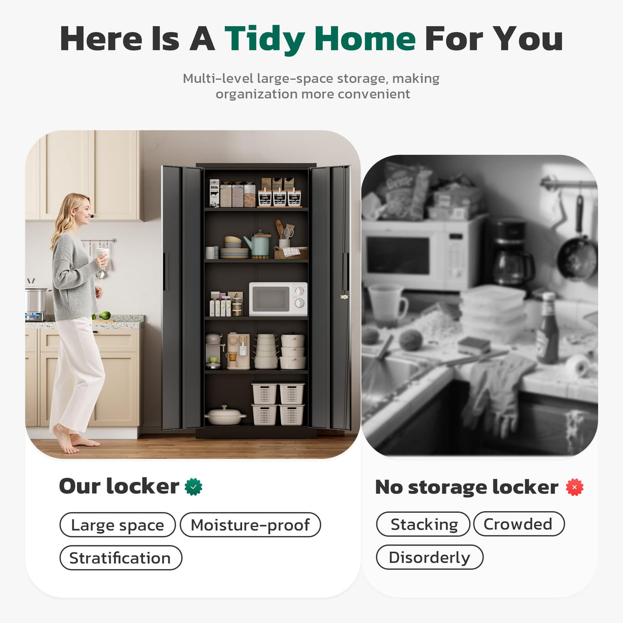 Greenvelly Metal Pantry Cabinet, 63”Tall Black Kitchen Pantry Storage Cabinets with 2 Lock Doors and 4 Adjustable Shelves for Home Office, Dinning Room,Garage Greenvelly