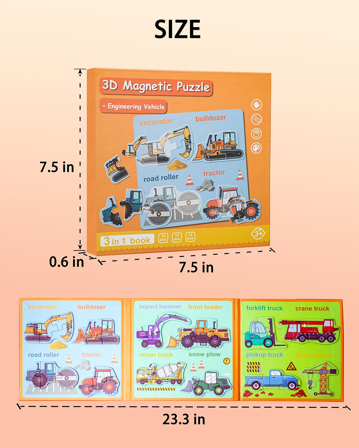 Magnetic Puzzles for Toddlers 3-5, Travel Puzzles for Kids Ages 1-3, Engineering Vehicle Wooden Jigsaw Puzzles Book for Kids 2-4 Learning Gift for Road Trip (Excavator)