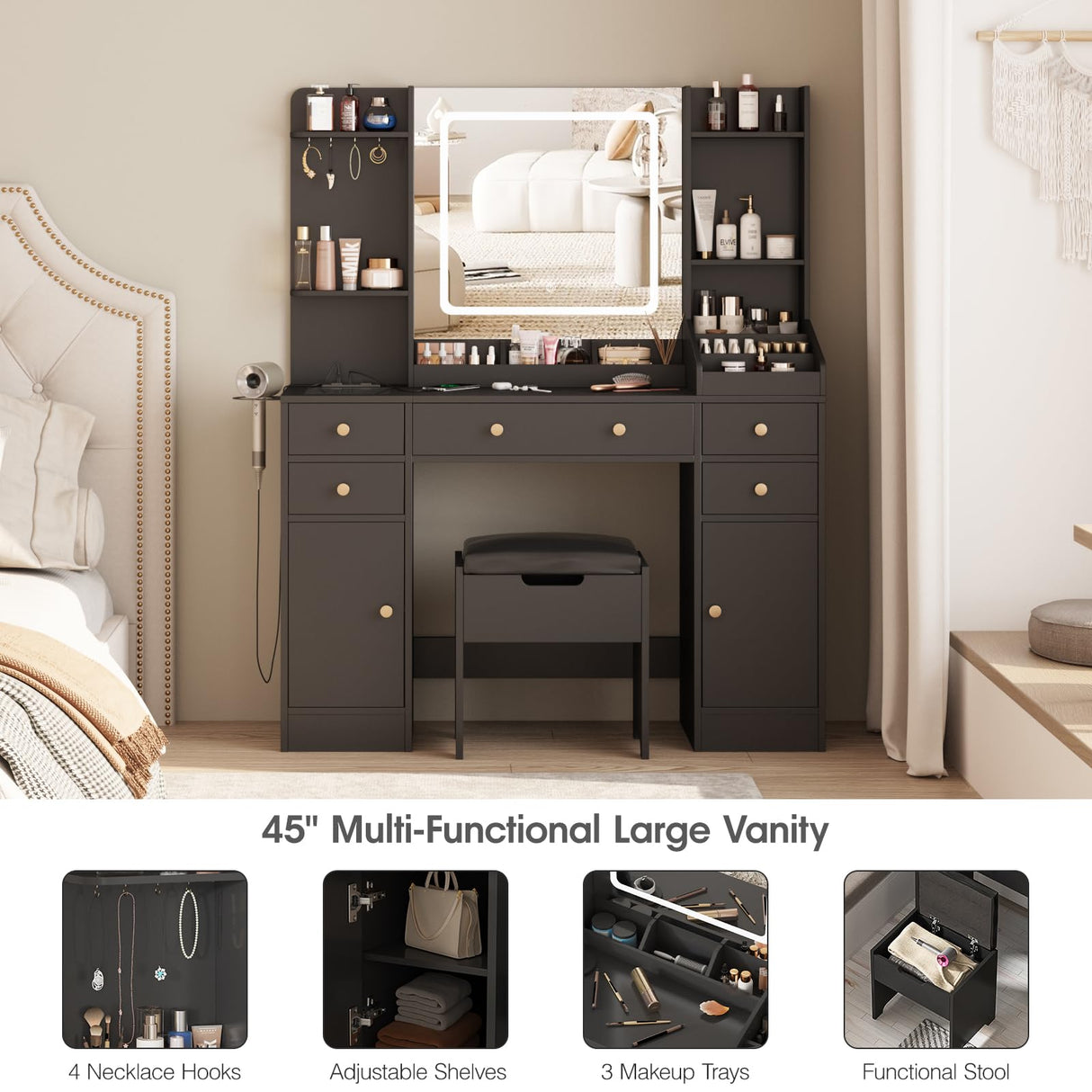 Vabches Vanity Desk with Lights, Makeup Vanity Table with Charging Station, 44.9in Big Vanity Set with 5 Drawers & Lots Storage Space, Black Vabches