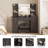 Vabches Vanity Desk with Lights, Makeup Vanity Table with Charging Station, 44.9in Big Vanity Set with 5 Drawers & Lots Storage Space, Black Vabches
