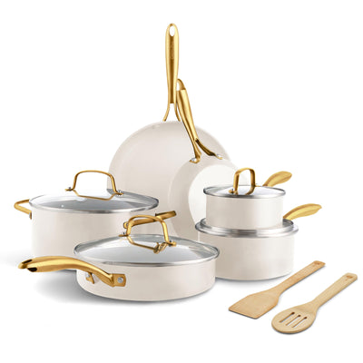 GreenPan Swift 12 Piece Cookware Pot and Pans Set, PFAS & PFOA-Free Healthy Ceramic Nonstick, Gold Stainless Steel Handle, Versatile Cooking Essentials, Dishwasher & Oven Safe, Cream