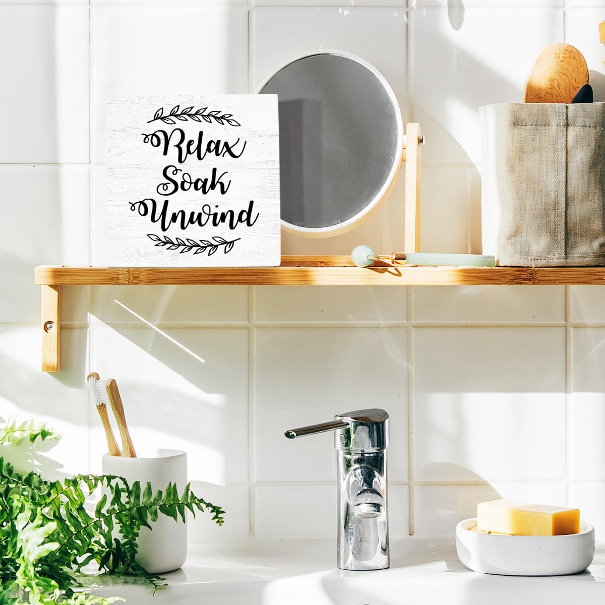 Funny Farmhouse Bathroom Decor for Shelves Relax Soak Unwind Wood Sign 5 X 5 inch Bathroom Accessories Decor Bathroom Toilet Wall Shelf Counter Restroom Home Decor for Her Him