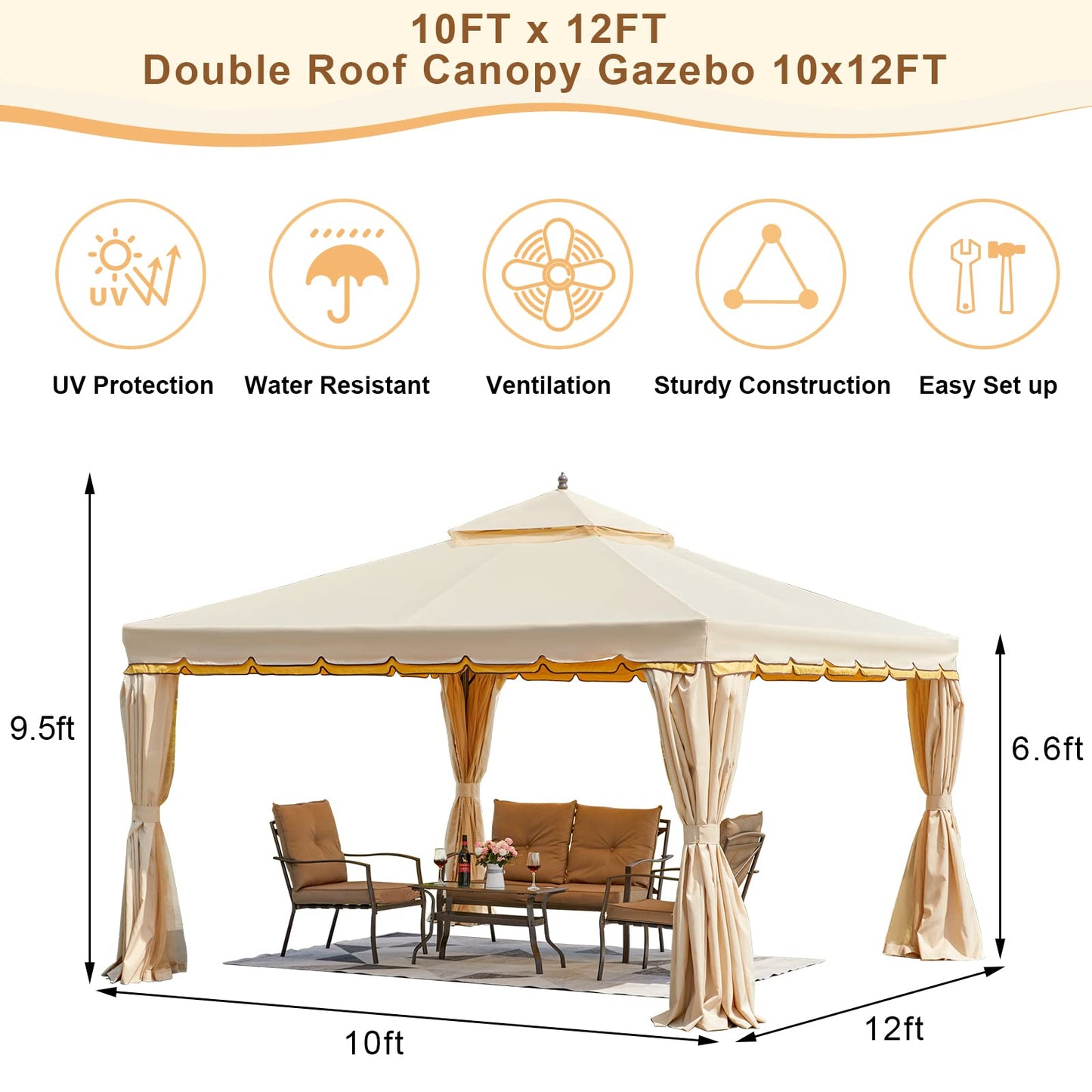 Erommy 10' x 12' Outdoor Canopy Gazebo, Double Roof Patio Gazebo Steel Frame with Netting and Shade Curtains for Garden, Patio, Party Canopy, Beige