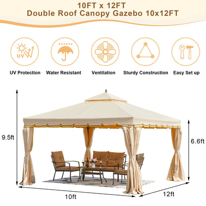 Erommy 10' x 12' Outdoor Canopy Gazebo, Double Roof Patio Gazebo Steel Frame with Netting and Shade Curtains for Garden, Patio, Party Canopy, Beige