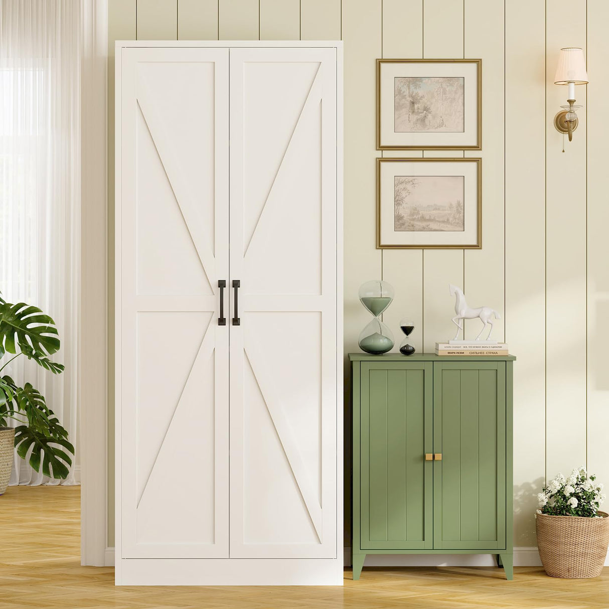 RAVIGIN Farmhouse Storage Cabinet,75" H Metal Pantry Cabinet with Barn Doors and Adjustable Shelves,75" H 6-Tier Rustic Pantry Organizers for Kitchen,Dining Room,White RAVIGIN