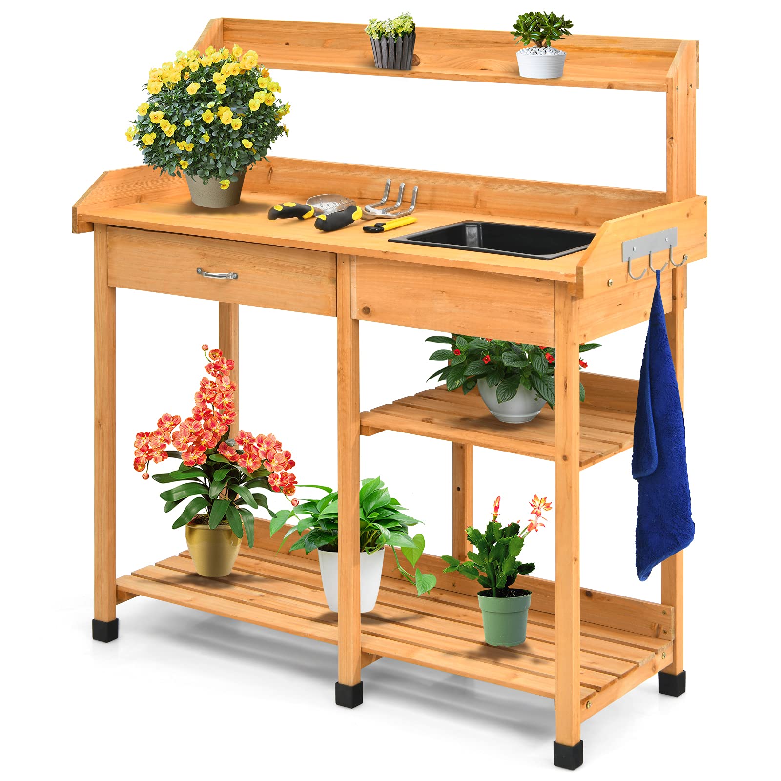 S AFSTAR Outdoor Potting Bench, Wooden Workstation Table w/Removable Sink, Tools Drawer, 3 Tier Open Shelf & 3 Side Hooks, Potting Table Gardening Table for Backyard Garden Supplies - WoodArtSupply