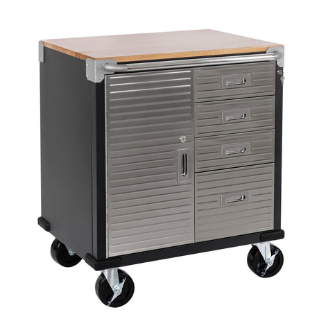 Seville Classics UltraHD Heavy Duty Rolling Cabinet Workbench Table w/Solid Wood Top Workstation for Garage, Office, Workshop, 1-Door, 4-Drawer (28" W x 25" D), Graphite Seville Classics