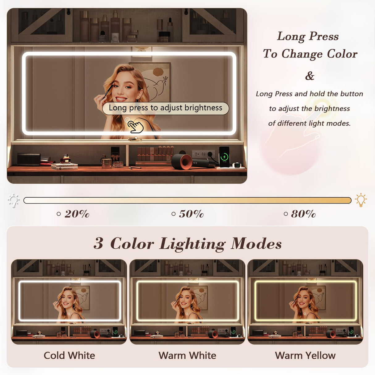 75.2" Farmhouse Makeup Vanity Desk with Large Lighted Mirror and Sliding RGB Cabinets, Large Vanity Table with Charging Station & 5 Drawers & Barn Doors, Tall Makeup Desk with Storage Shelves Aiguazi