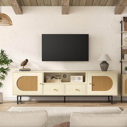 Long TV Stand for 70 75 inch TV, Rattan Entertainment Center with Storage Cabinets & Open Shelves, Modern TV Console Table for TVs Up to 80” for Living Room, Beige