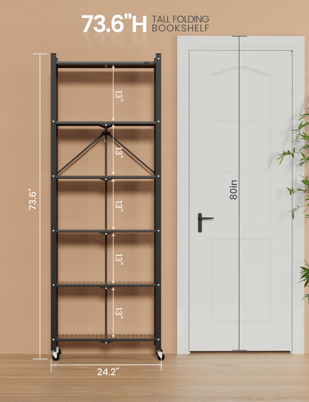 ALANNG 73.6 Inch Folding Bookshelf, 6 Tier Metal Bookcase and Bookshelves, Tall Shelves for Living Room Office Bedroom, Heavy Duty Book Shelve Free Standing Open (Black, 2PACK) ALANNG