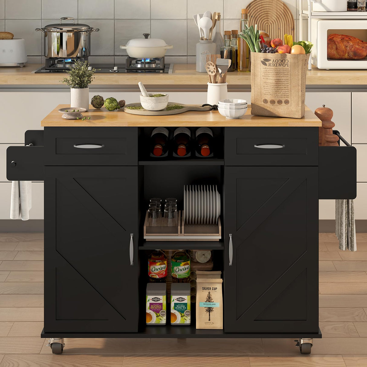 knoworld 51.5'' Rolling Kitchen Island with Storage Cabinet & Drawers, Drop Leaf Kitchen Cart on Wheels, Farmhouse Portable Mobile Islands, Large Butcher Block Table with Tower/Spice Rack, Black knoworld