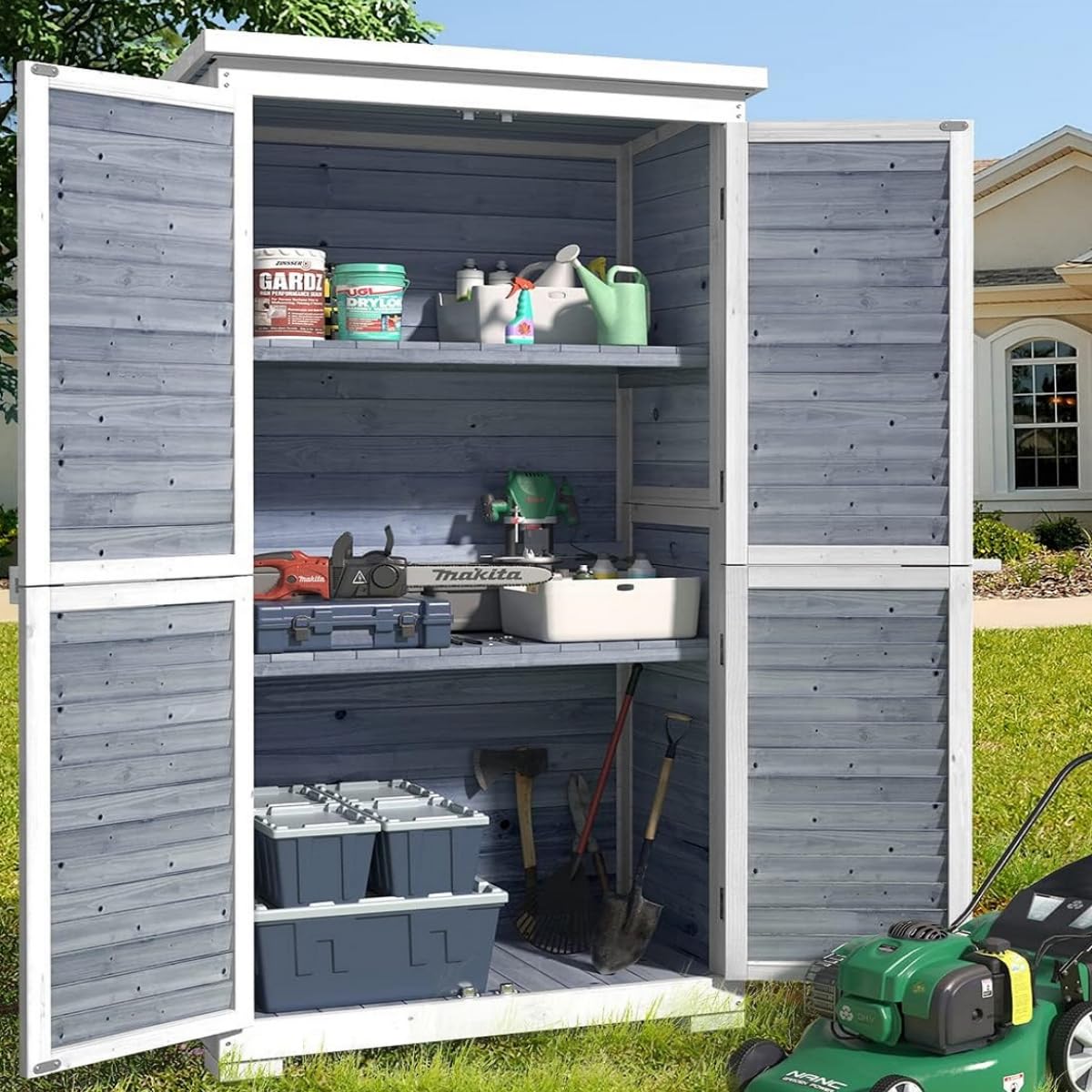 Gizoon Outdoor Storage Cabinet with 3 Shelves, Double Lockable Wooden Garden Shed with Waterproof Roof, Outside Vertical Tall Tool Shed for Yard Patio Lawn Deck-Grey - WoodArtSupply