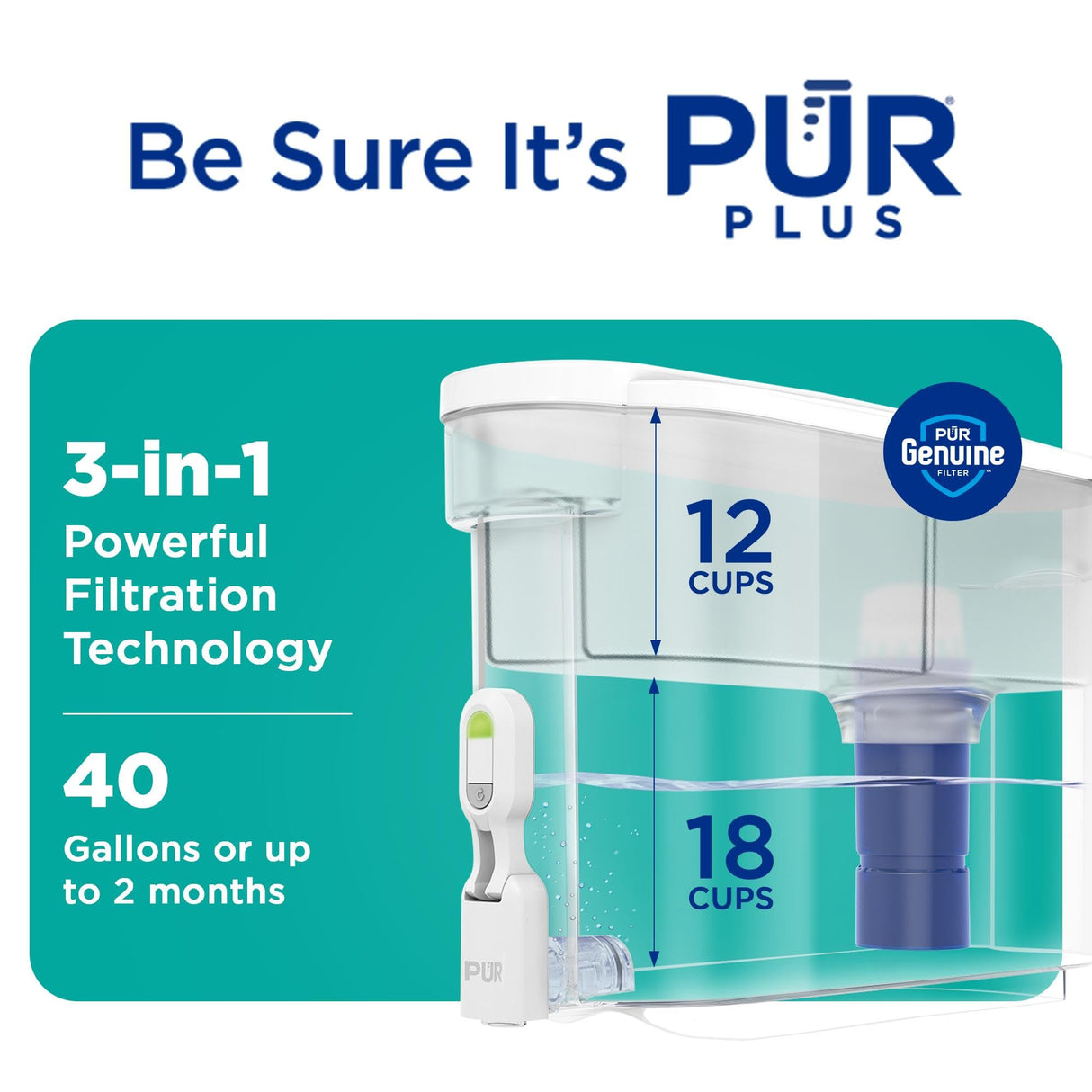 PUR PLUS 30-Cup Water Filter Dispenser with 1 Lead-Reducing PUR PLUS Filter, Dishwasher Safe, Powerful Filtration, Large Capacity with Slim, Space-Saving Design, White (DS1811Z) PUR