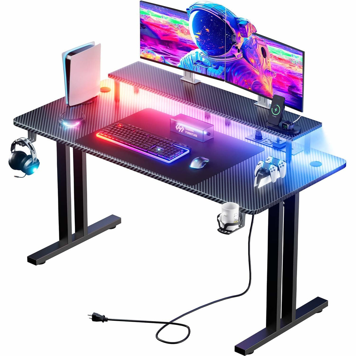 HLDIRECT 47 Inch Gaming Desk with LED Lights & Power Outlet, Computer Gamer Desk with Monitor Stand, Ergonomic Carbon Fiber Gaming Table Home Office Desk with Cup Holder, Headphone Hook & Mouse Pad HLDIRECT