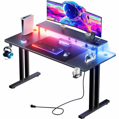 HLDIRECT 47 Inch Gaming Desk with LED Lights & Power Outlet, Computer Gamer Desk with Monitor Stand, Ergonomic Carbon Fiber Gaming Table Home Office Desk with Cup Holder, Headphone Hook & Mouse Pad HLDIRECT