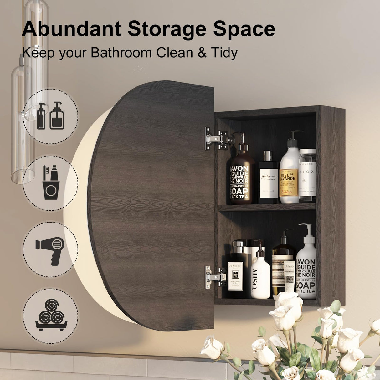 Mepplzian Oval Medicine Cabinet with Mirror for Bathroom,Bathroom Medicine Cabinet,Oval Mirror Cabinet Wall Mounted with 3 Storage,2 Doors,Black Mepplzian