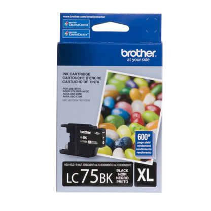 Brother Genuine High Yield Black Ink Cartridge, LC75BK, Replacement Black Ink, Page Yield Up To 600 Pages, LC75