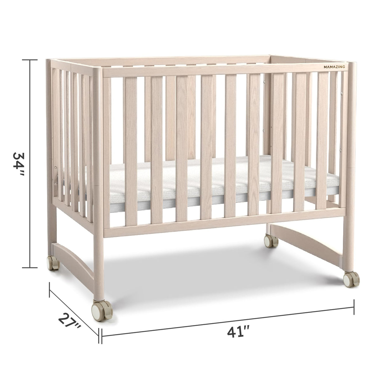 MAMAZING EvoNook 6-in-1 Convertible Mini Crib - Easy Assembly, Portable Folding Baby Mini Crib with Mattress, 100% New Zealand Pinewood, 4 Adjustable Mattress Heights, Washed Nature with Mattress MAMAZING