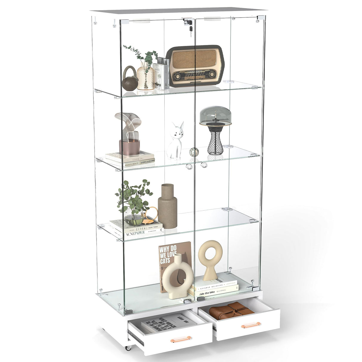 Nimaolt LED Glass Display Cabinet with 2 Door & 2 Drawer, 4-Shelf Curio Cabinet Tempered Glass Floor Standing Bookshelf with Wheels, White Storage Cabinet with Glass Doors for Collections Living Room Nimaolt