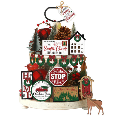 Funnymoom 17 Pcs Christmas Tiered Tray Decor Set Winter Tiered Tray Decorations Truck Santa Wooden Sign Farmhouse Vintage Christmas Table Decor for Home Shelf Rustic Table Centerpiece