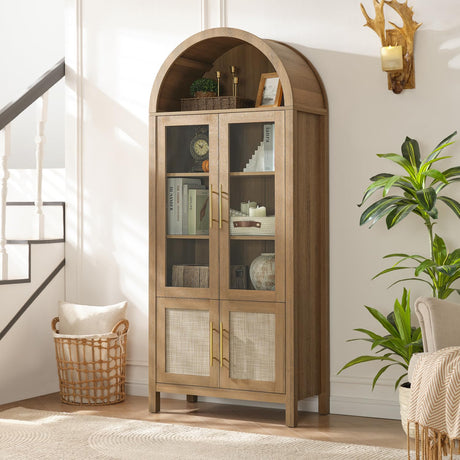 71" Tall Arched Display Cabinet, 5-Tier Bookshelf Modern Farmhouse Arched Bookcase with Glass Doors and Shelves, Wooden Pantry Storage Cabinet for Living Room, Office and Kitchen, Caramel Oak WINWY