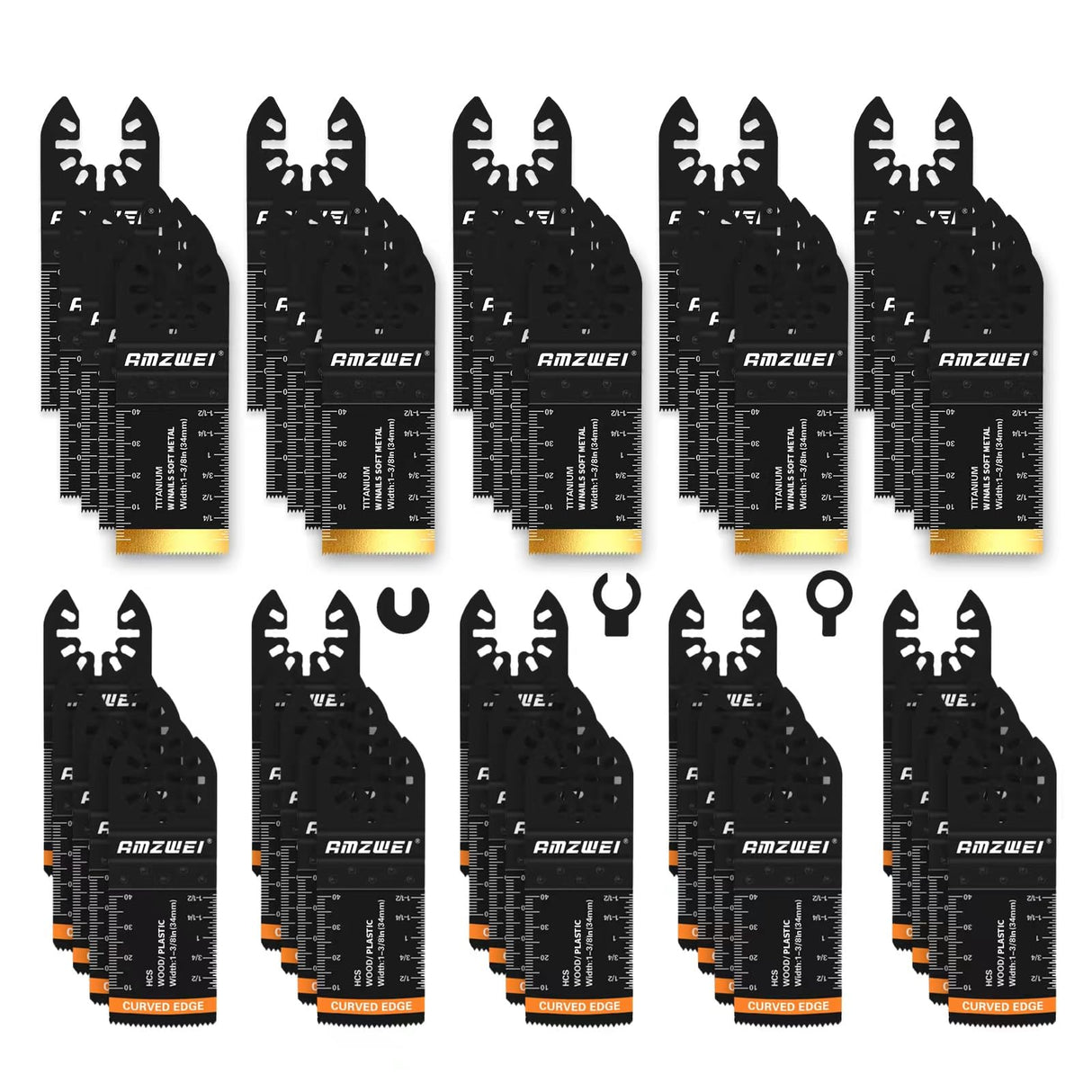 AMZWEI 50PCS Multi Tool Blade Kits, Professional Titanium Oscillating Tool Blades for Metal, Wood, Plastic, Curved Edge Oscillating Saw Blades Compatible with Dewalt Milwaukee Ryobi Rockwell Fein AMZWEI