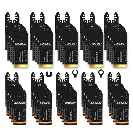 AMZWEI 50PCS Multi Tool Blade Kits, Professional Titanium Oscillating Tool Blades for Metal, Wood, Plastic, Curved Edge Oscillating Saw Blades Compatible with Dewalt Milwaukee Ryobi Rockwell Fein AMZWEI