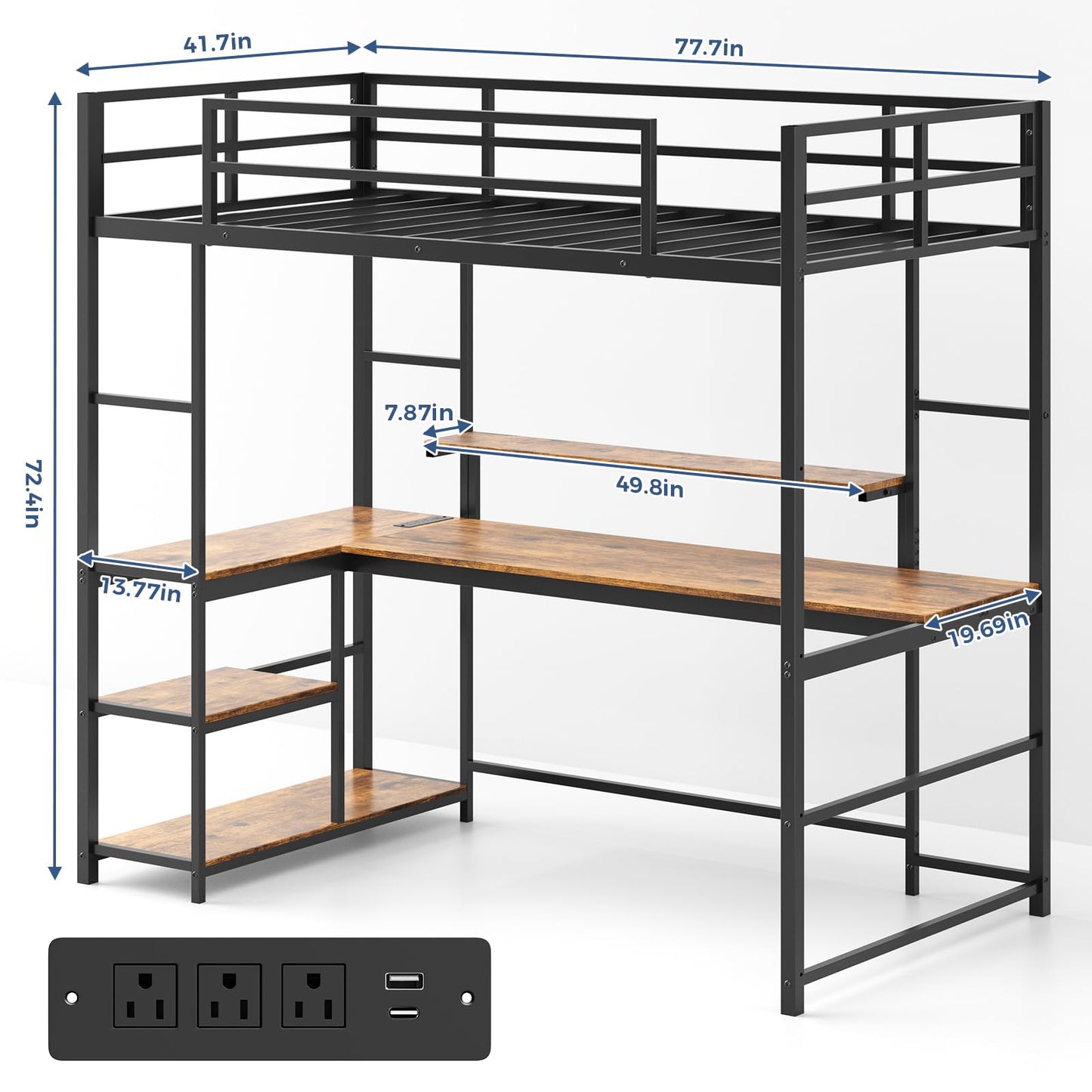 Tatub Twin Loft Bed with Large Desk and LED Lights, Metal Loft Bed with Ladder and Safety Guardrails for Adults, Teens, and Kids in Bedrooms, Apartments, and Dormitories