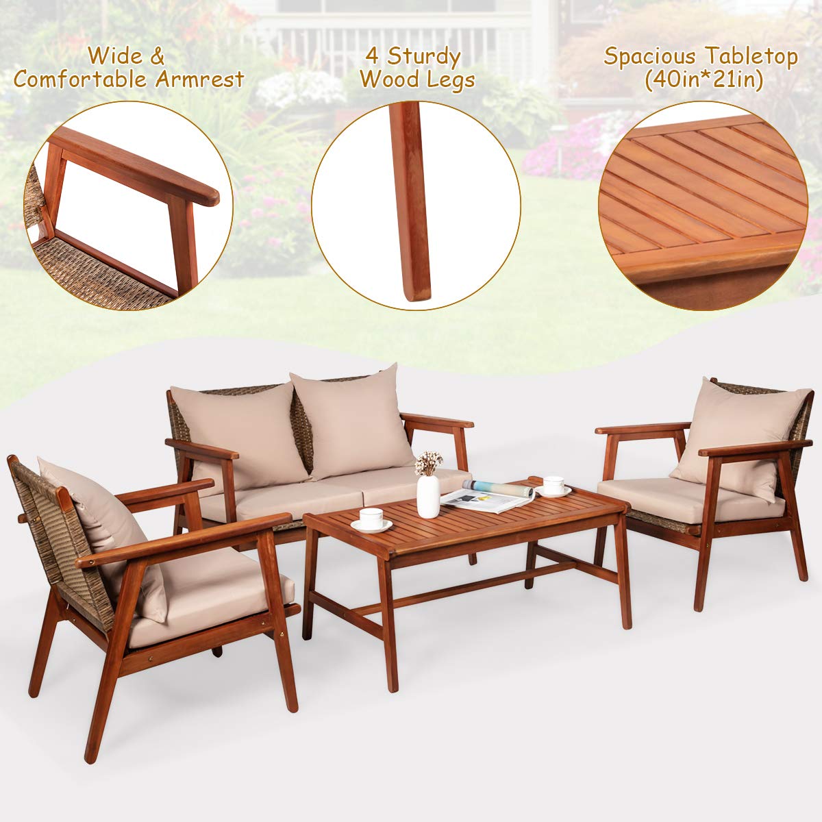 Tangkula 4 PCS Patio Wood Sofa Set, Outdoor Acacia Wood Seating Chat Set with Cushions & Coffee Table, Sectional Conversation Sofa Set for Garden, Backyard, Poolside (1, Brown) - WoodArtSupply