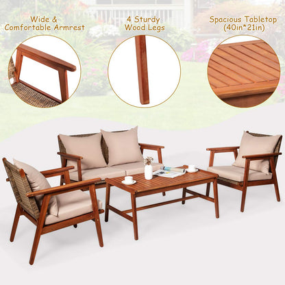 Tangkula 4 PCS Patio Wood Sofa Set, Outdoor Acacia Wood Seating Chat Set with Cushions & Coffee Table, Sectional Conversation Sofa Set for Garden, Backyard, Poolside (1, Brown) - WoodArtSupply