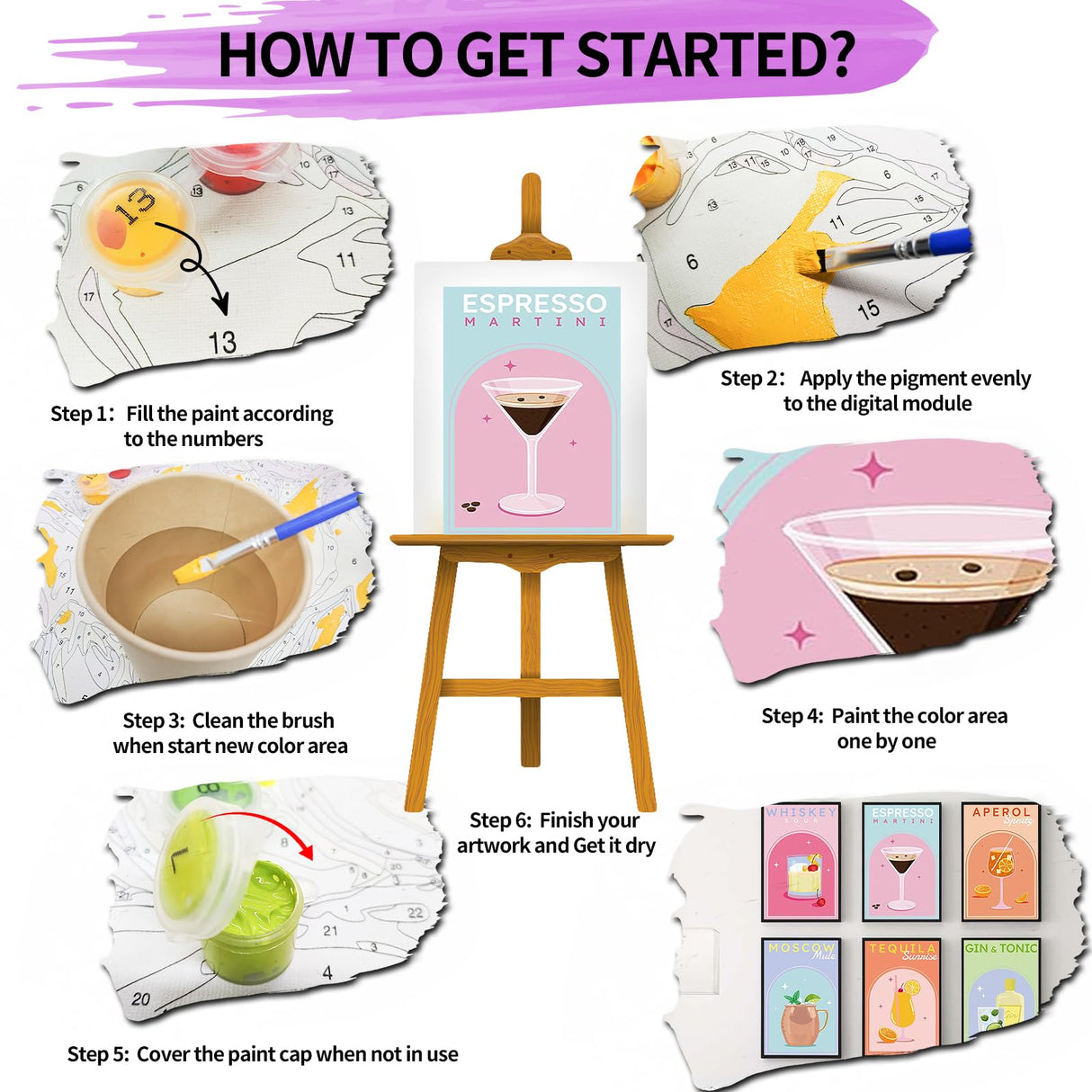 YALKIN 6 Packs Paint by Number Kits for Adults Beginners, DIY Acrylic Painting by Number Kits on Canvas Without Frame, Cocktail Adults Paint by Number for Home Wall Decor Gifts 20x30CM/7.8x11.8IN YALKIN