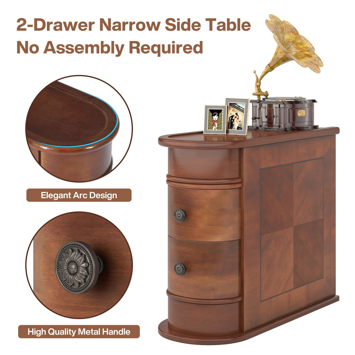 Tribesigns Wood End Table Set of 2, Narrow Solid Side Table 2-Drawer Slim Chair Side Table, No Assembly Required, Finished Back, Walnut Tribesigns