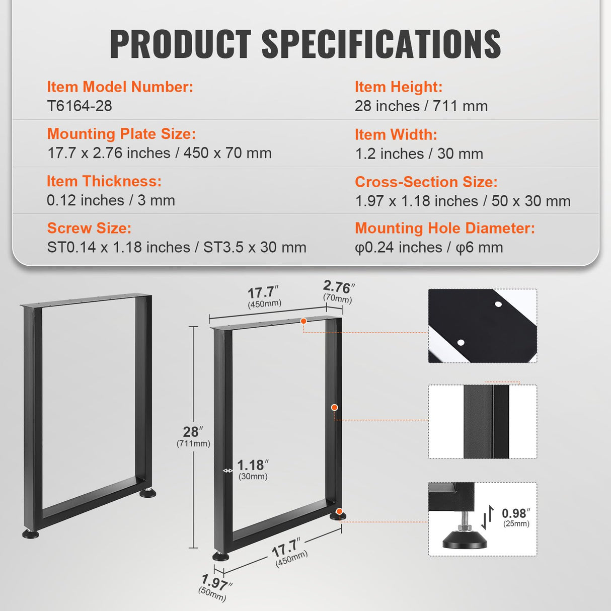 VEVOR 28 Inch Adjustable Furniture Legs, Square Reinforced Steel Office Table Legs Set of 2 for DIY, Max Load 1000 lbs Heavy Duty Desk Legs, Quick Instalation & Rich Accessories Legs Black VEVOR