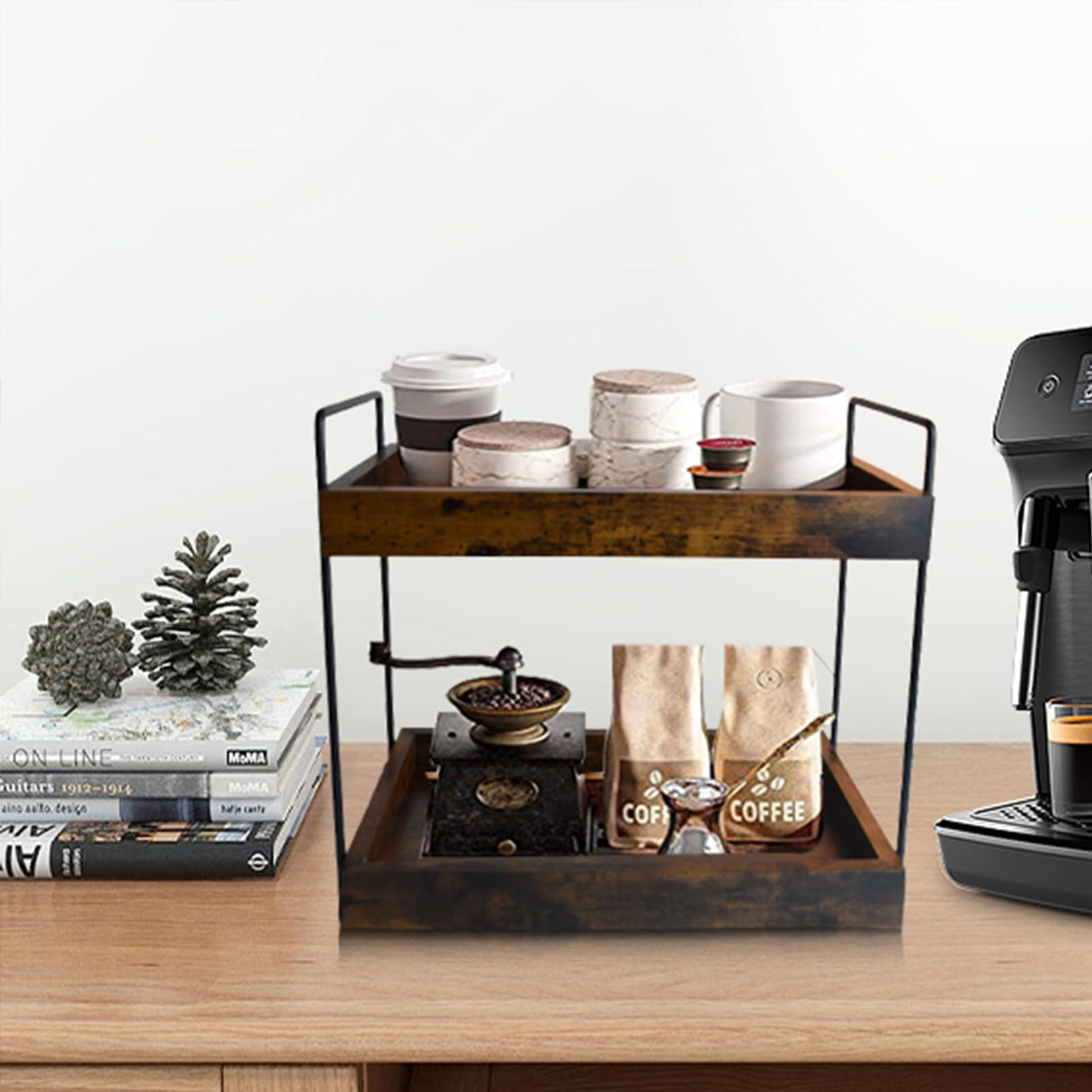 mahueeol 2 Tier Bathroom Counter Organizer Wood Bathroom Storage Shelf Spice Rack for Kitchen Countertop Vanity Tray Makeup Storage Coffee Station Organizer-Rustic Brown mahueeol