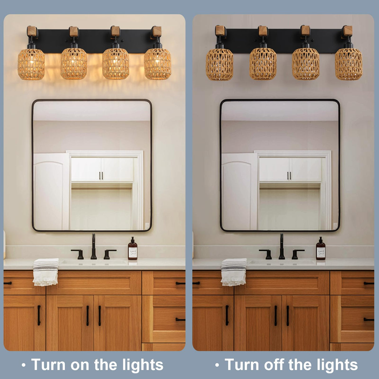 4 Light Bathroom Vanity Light Fixtures,Rustic Style Wood Bathroom Wall Sconce, with Boho Wicker Lampshade，Suitable for Bedroom, Hallway, and Living Room,Rattan Black Farmhouse Wall Sconce LmnLvn