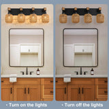 4 Light Bathroom Vanity Light Fixtures,Rustic Style Wood Bathroom Wall Sconce, with Boho Wicker Lampshade，Suitable for Bedroom, Hallway, and Living Room,Rattan Black Farmhouse Wall Sconce LmnLvn