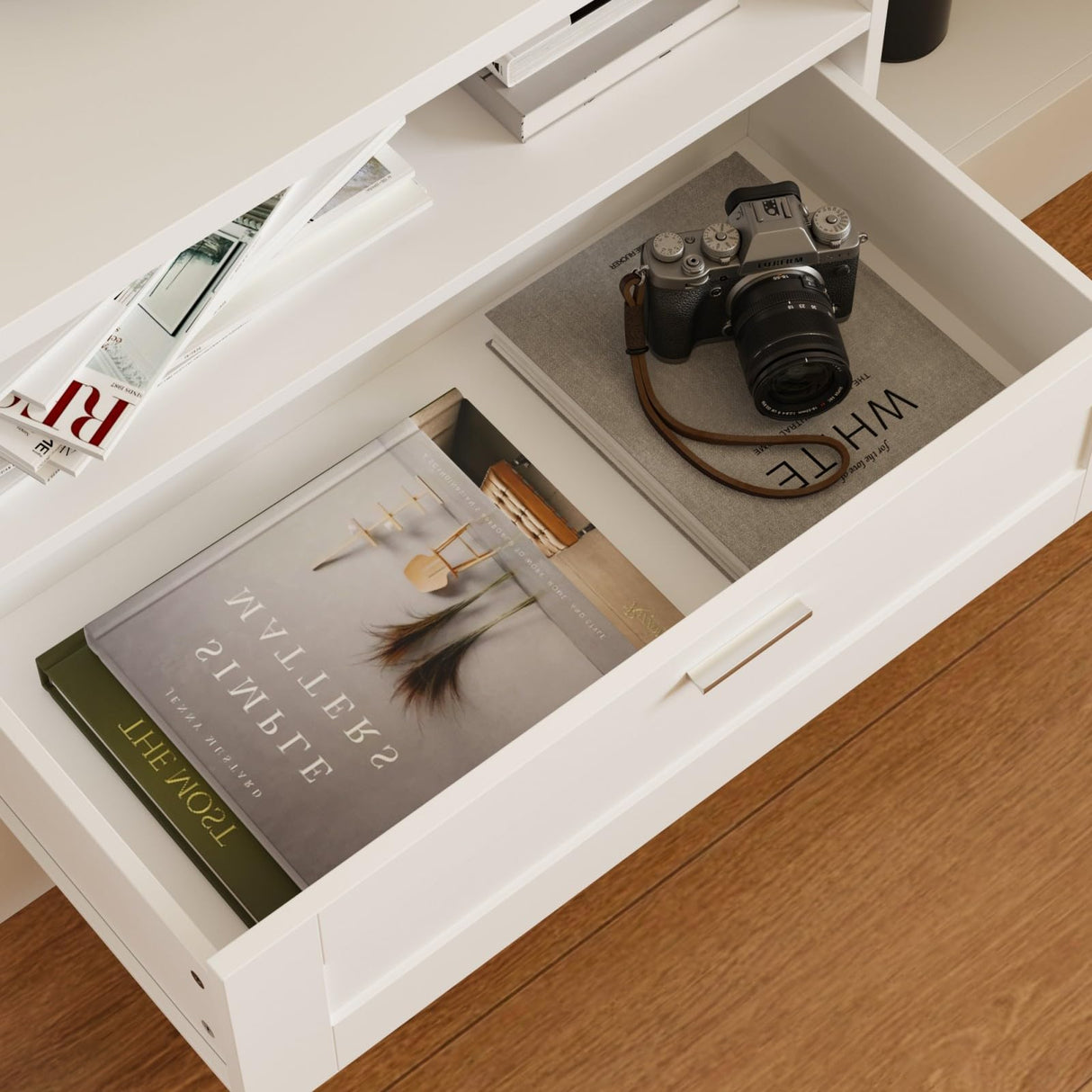 MOUMON Large Entertainment Center with Bookshelf, Wall Units with Doors and Drawer, TV Stand Media Console with Open Shelves for Living Room, White, 15.1”D x 70.9”W x 75.7”H MOUMON