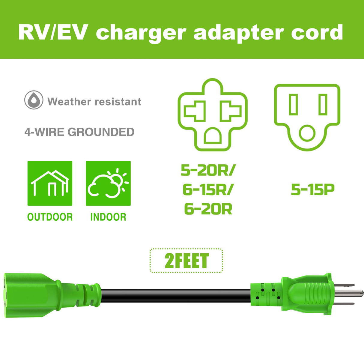 EVMaster 12AWG 15 Amp Household AC Plug to 20 Amp T Blade Adapter Cable, Nema 5-15P to 5-20R/6-15R/6-20R EV Charger Adapter Cord AC Power Adapter Cable, 4 in 1 AC Adapter, 2 Feet EVMaster
