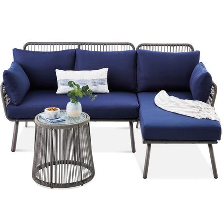 Best Choice Products Outdoor Rope Woven Sectional Patio Furniture L-Shaped Conversation Sofa Set for Backyard, Porch w/Thick Cushions, Detachable Lounger, Side Table - Gray/Navy Best Choice Products