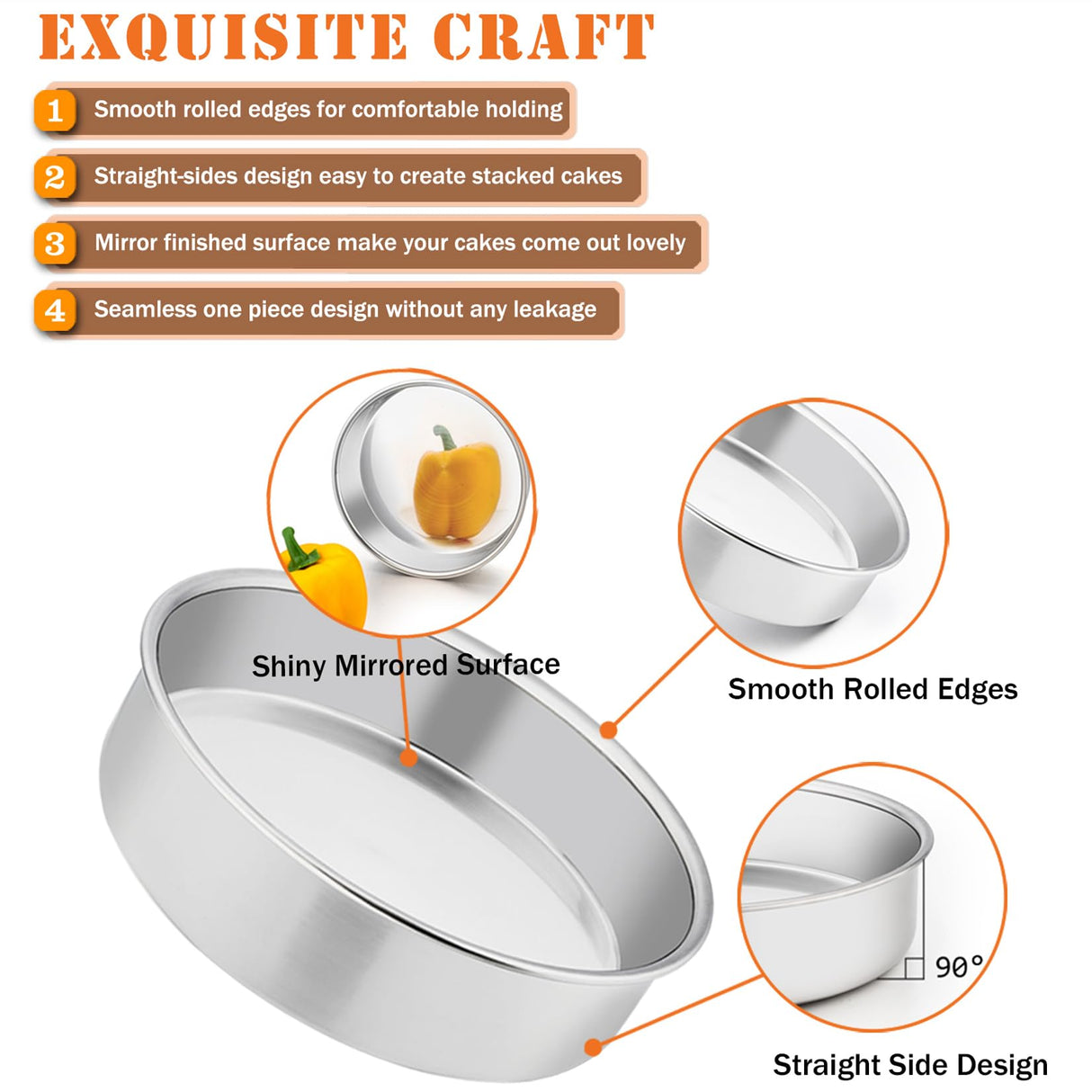 8 Inch Cake Pan Set, 3 Pcs P&P CHEF Round Baking Pans Stainless Steel Layer Birthday Wedding Cake Pans, Fit Oven/Pots/Pressure Cooker, Non Toxic & Heavy Duty, Dishwasher Safe P&P CHEF