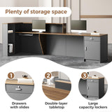 Modern L-Shaped Reception Desk with Hutch, Office Reception Counter Table with Lockable Drawer and Door Cabinet, Wooden Computer Front Desk (Walnut+lron Gray-Right Cabinet, 62.99"L*23.62"W*41.34"H) Nuipesn