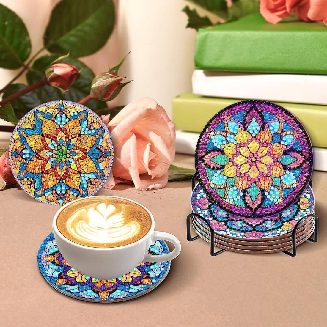 CAMOYAI 8 pcs Mandala Diamond Art Coasters Kits with Holder, Stained Glass Flowers Diamond Painting Coasters for Adults Beginners,Diamond Art Painting Kits for Gift CAMOYAI