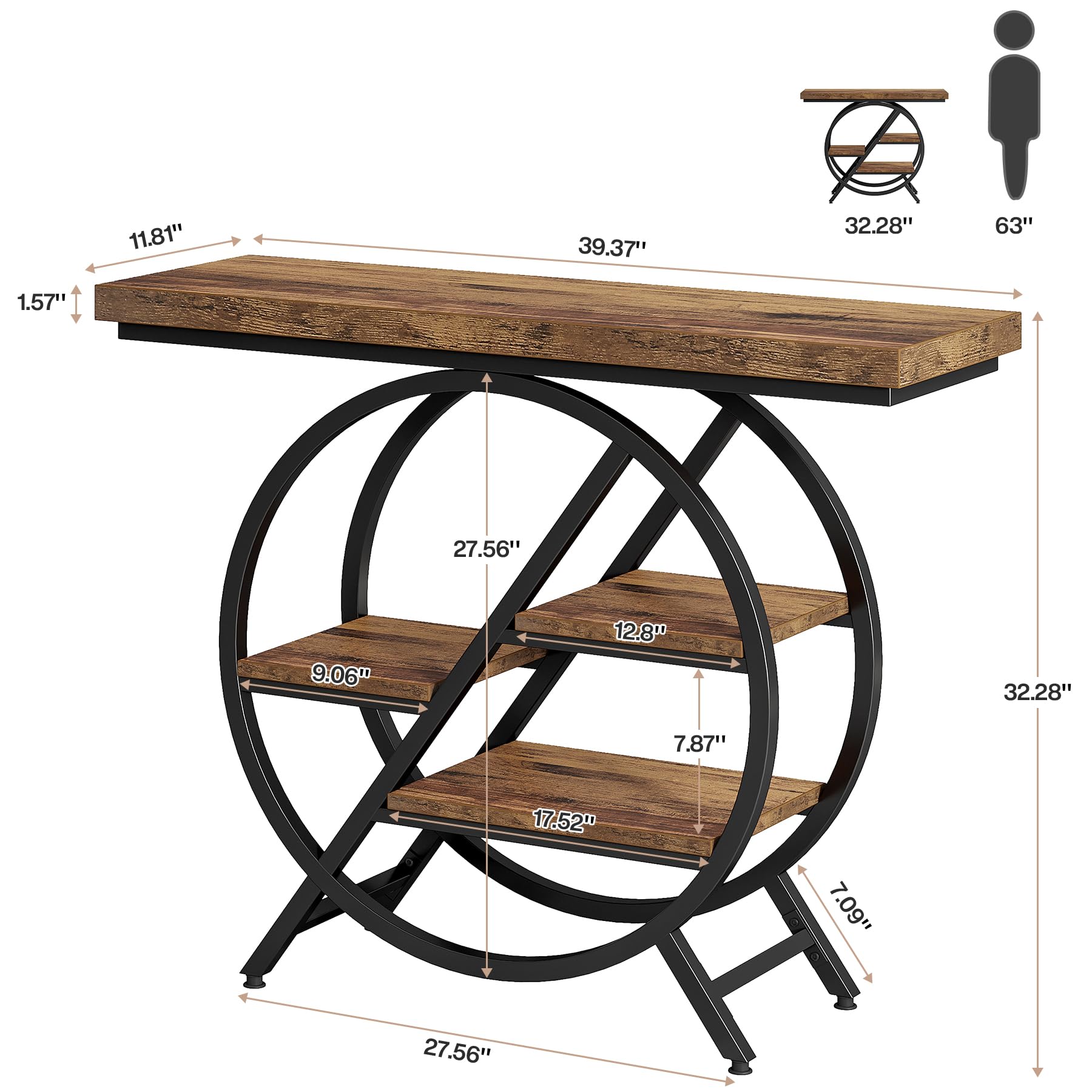 Tribesigns Console Table, 39.4-Inch Entryway Table with Thickened Tabletop, 4- Tier Industrial Narrow Hallway Sofa Table with Geometric Metal Frame for Living Room, Entryway, Rustic Brown - WoodArtSupply