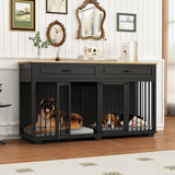 DAWNSPACES Large Dog Crate Furniture, 72" Wooden Large Dog Kennel with Drawers & Divider, Heavy Duty Indoor Dog Cage with Double Rooms for Large Medium Small Dogs, Black DAWNSPACES