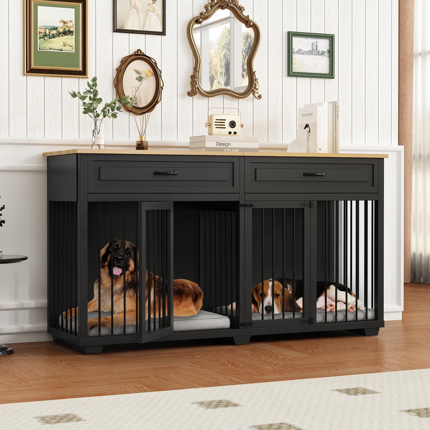 DAWNSPACES Large Dog Crate Furniture, 72" Wooden Large Dog Kennel with Drawers & Divider, Heavy Duty Indoor Dog Cage with Double Rooms for Large Medium Small Dogs, Black - WoodArtSupply