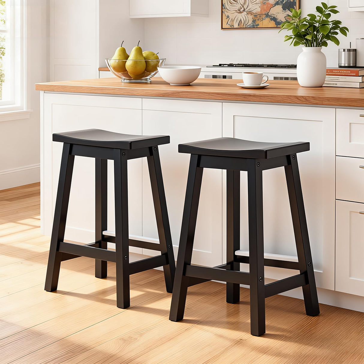 PayLessHere Bar Stools Set of 2, Wooden Saddle Stools 24 Inch Heigh, Bar Chairs Seat with Footrests and Industrial, Kitchen Counter Stools for Restaurant, Bistro Bar and Home Dining PayLessHere
